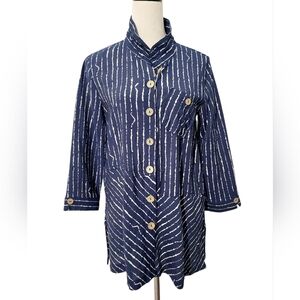 John Mark Women’s Wire Collar Tunic Blouse Small Blue White Stripe Button Front